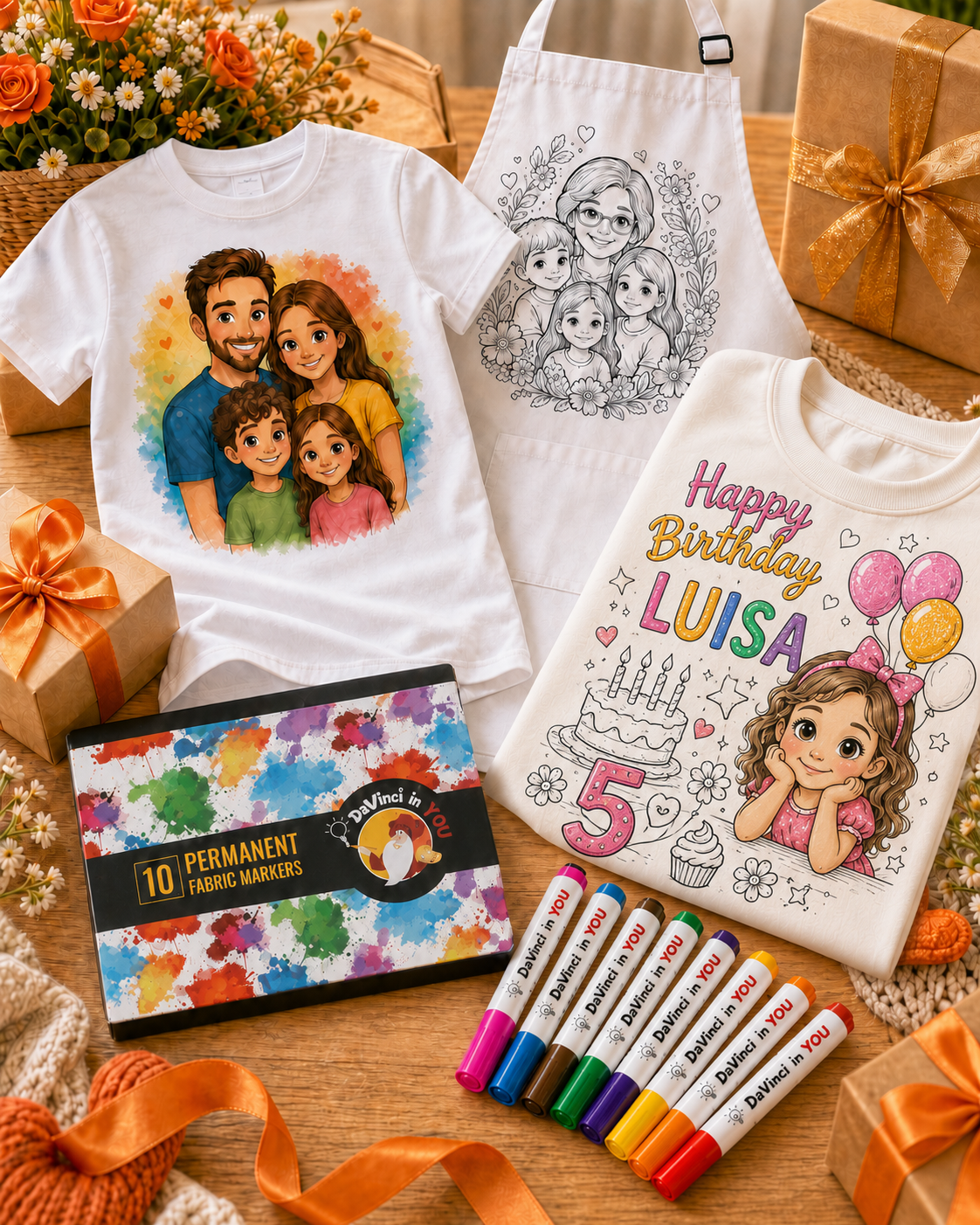 Personalized cartoon and coloring-page artwork printed on a t-shirt, apron, and sweatshirt with colorful fabric markers.