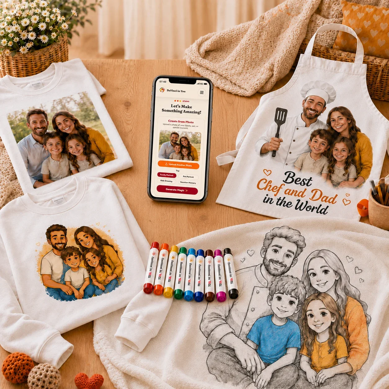 DaVinci in You mobile upload preview surrounded by personalized photo, cartoon, and coloring-page gifts on a sweatshirt, apron, blanket, and fabric markers.