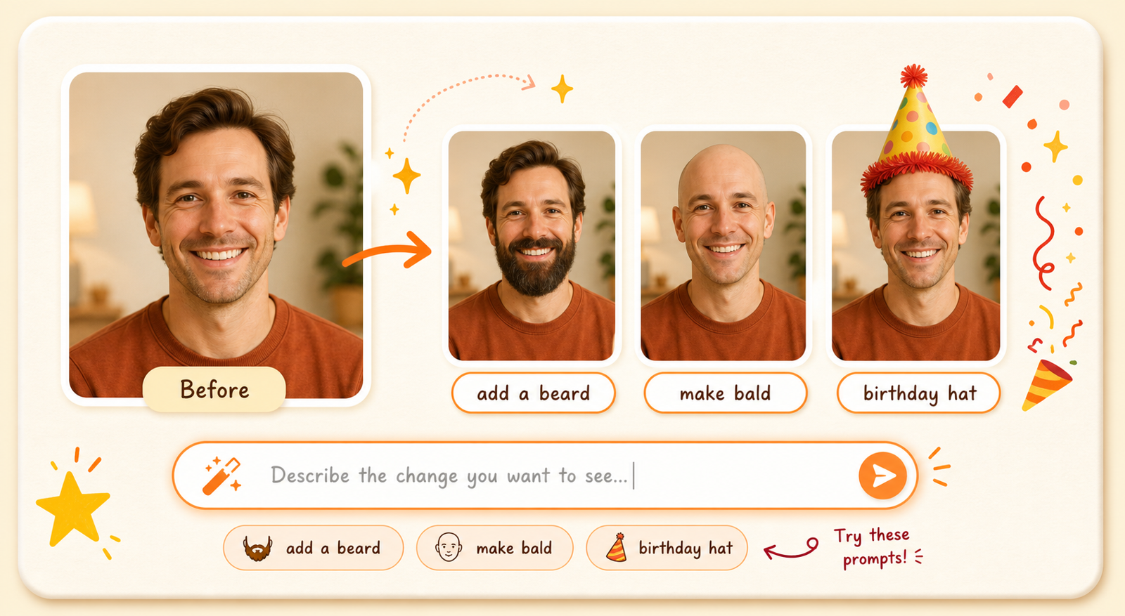Feature image showing prompt edits such as add a beard, make bald, and birthday hat applied to a portrait.