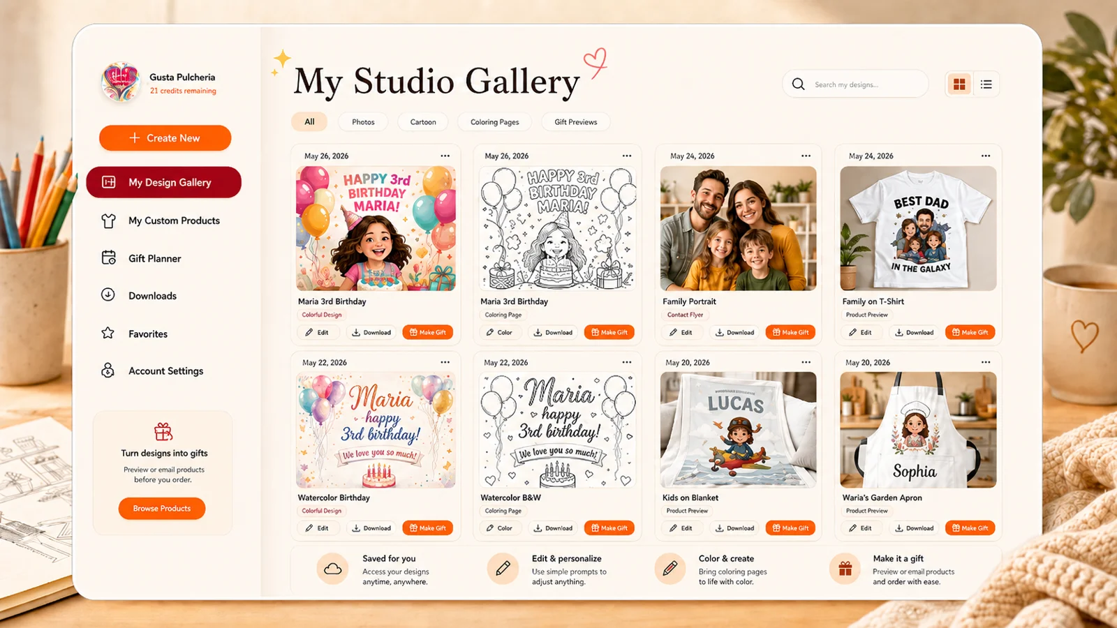 DaVinci in You account gallery showing saved designs, custom products, upload history, and colorful personal creations.