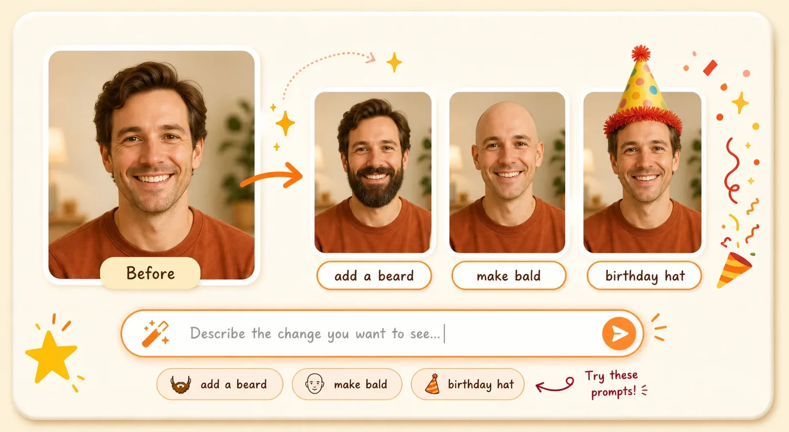 Feature image showing prompt edits such as add a beard, make bald, and birthday hat applied to a portrait.